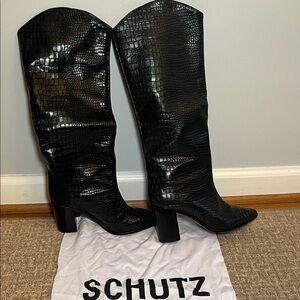 SCHUTZ Black Croc-Patterned Heeled Boots